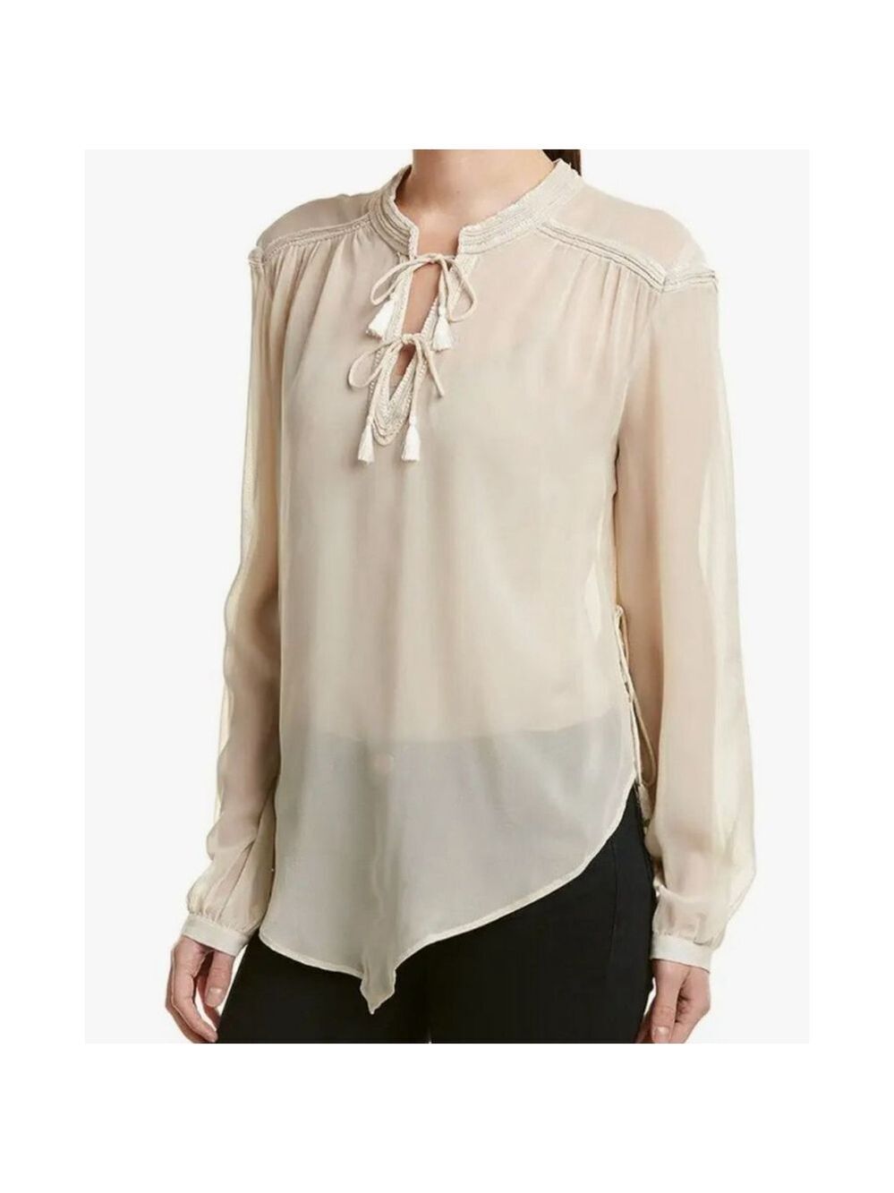 Women's Haute Hippie Boho Blouse M Creme Beaded Long Sleeve, Sheer